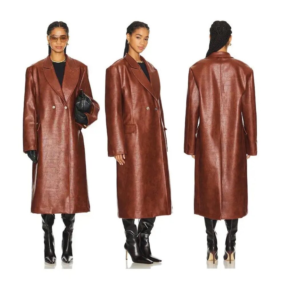 NWT Milk White Faux Leather Oversized Brown Cognac Long Trench Coat Jacket Small